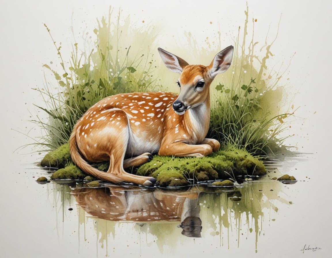 Gentle Fawn Resting by Forest Stream in Dappled Light