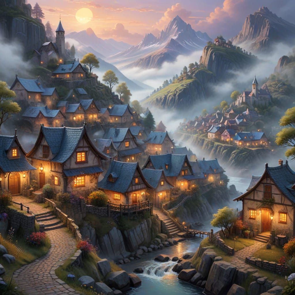 Misty Valley Village as Watercolor Painting