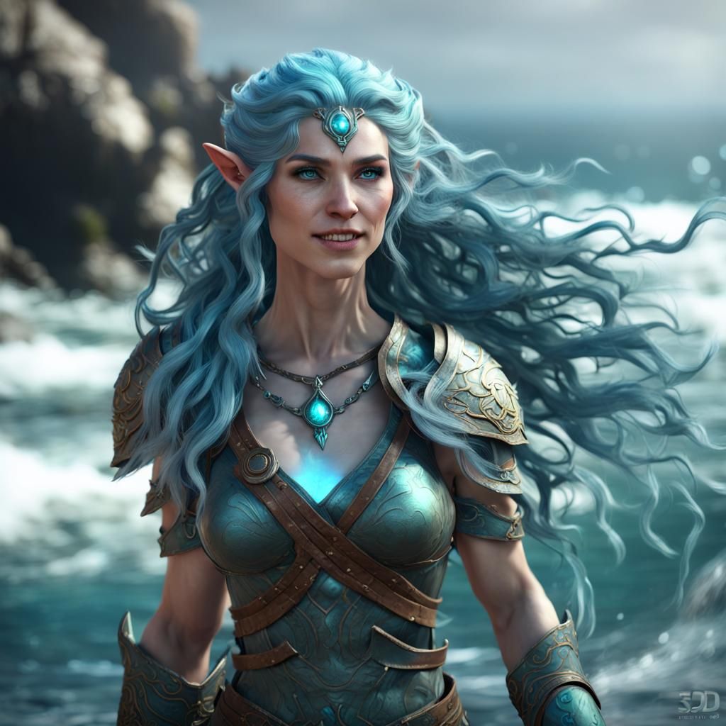 Water Genasi Druid on Rocky Shoreline in 3D