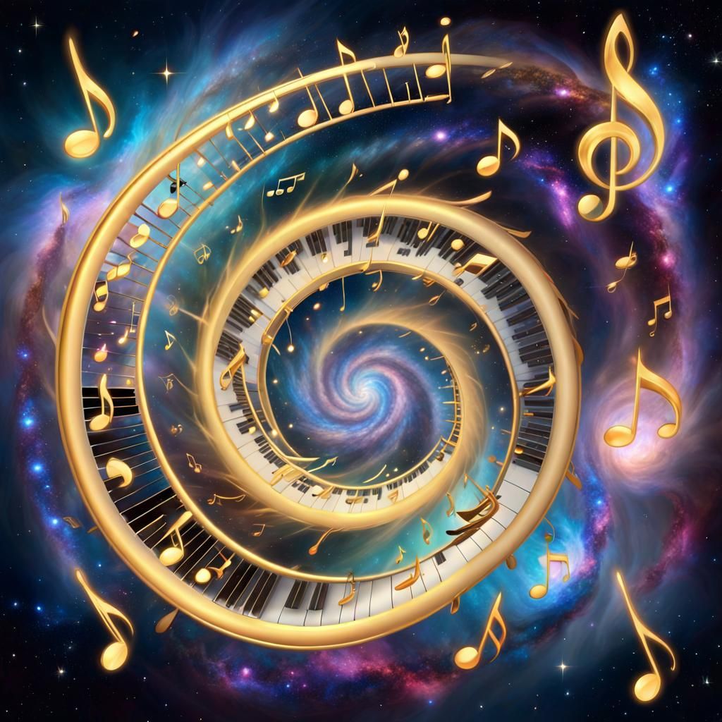 Musical Galaxy with Golden Notes and Stars