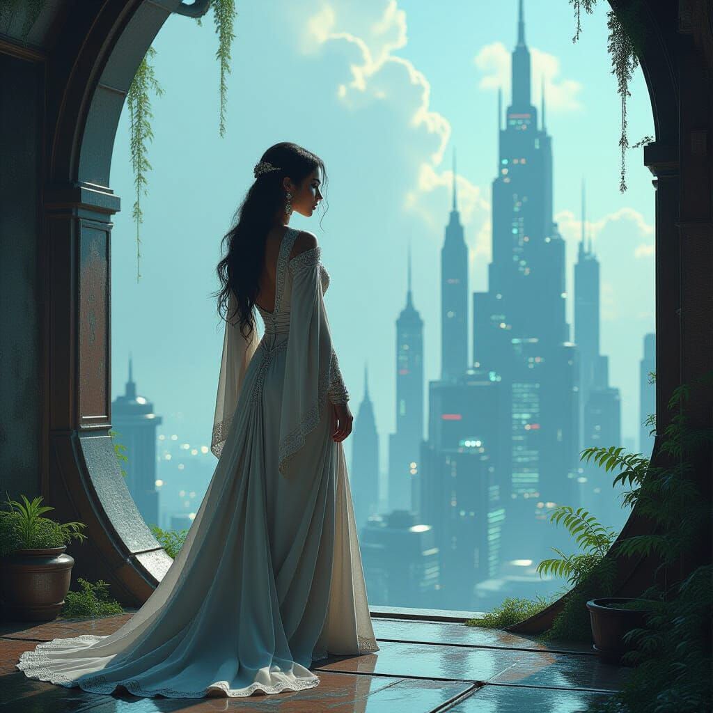 Woman Bridging Past and Future in Cyberpunk Cityscape