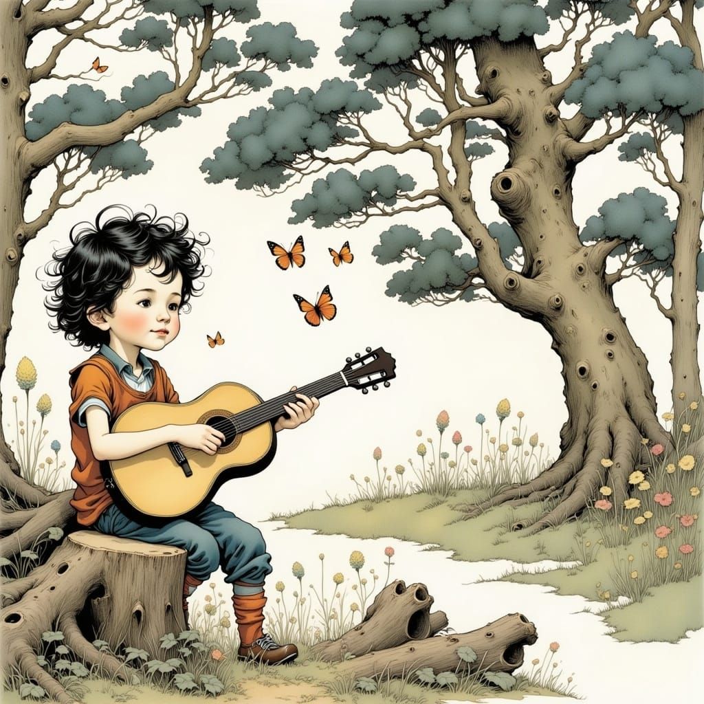 Whimsical Child's Fantasy Scene in Folk-Art Style