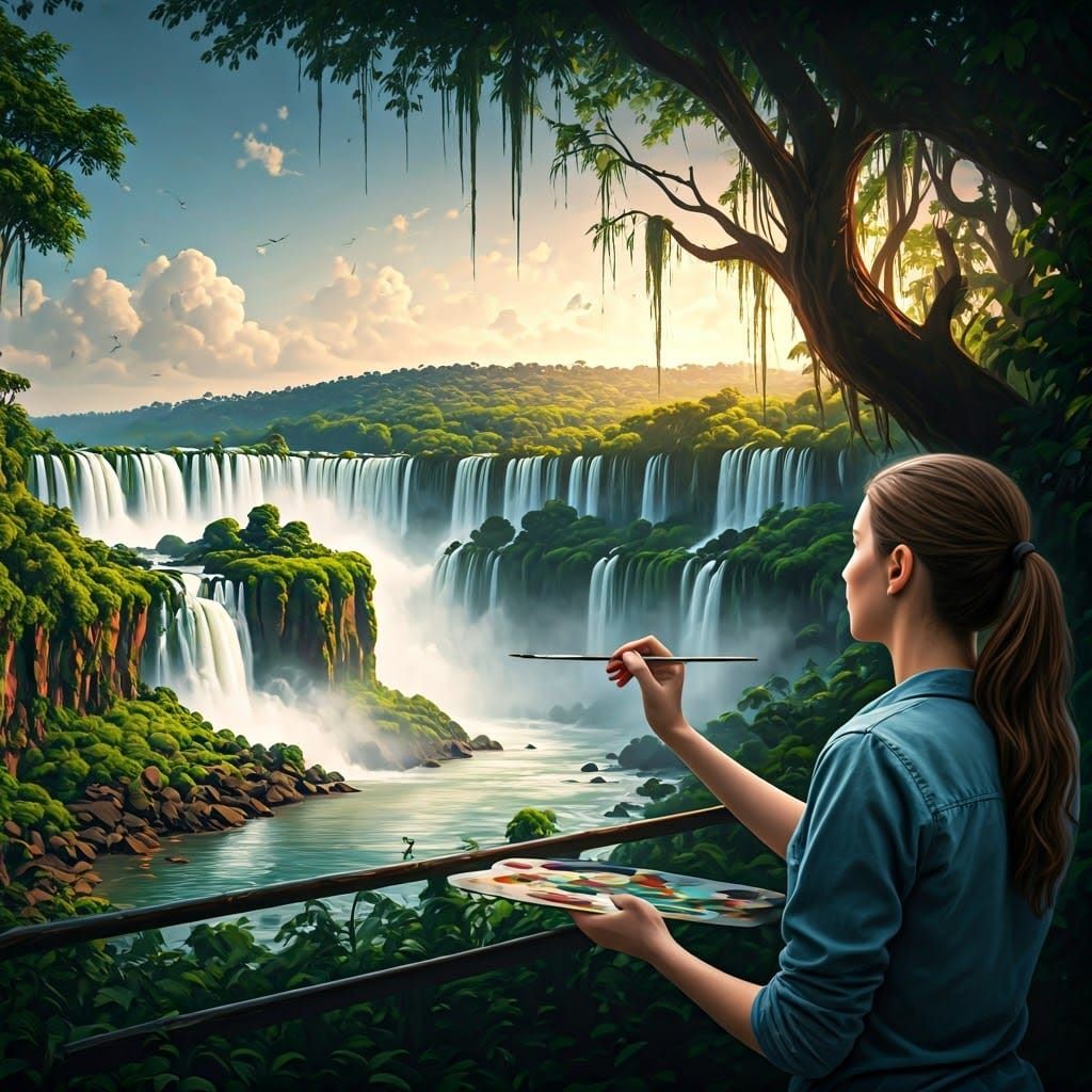 Extremely detailed cinematic film still of an artist girl painting a Iguazú Falls scene that comes to life. Show parts o...