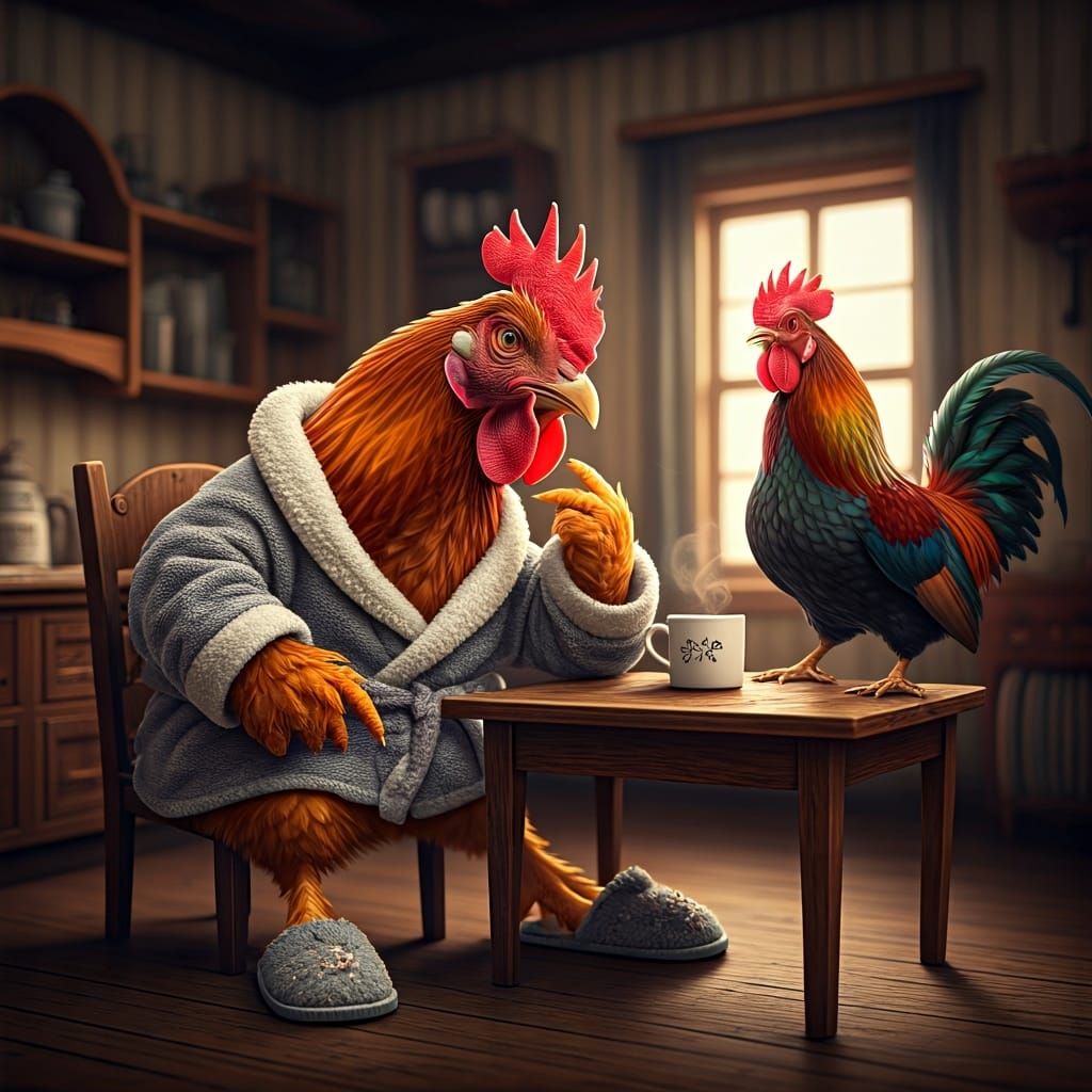 Grumpy Chicken Demands Coffee: Photorealistic Morning Scene
