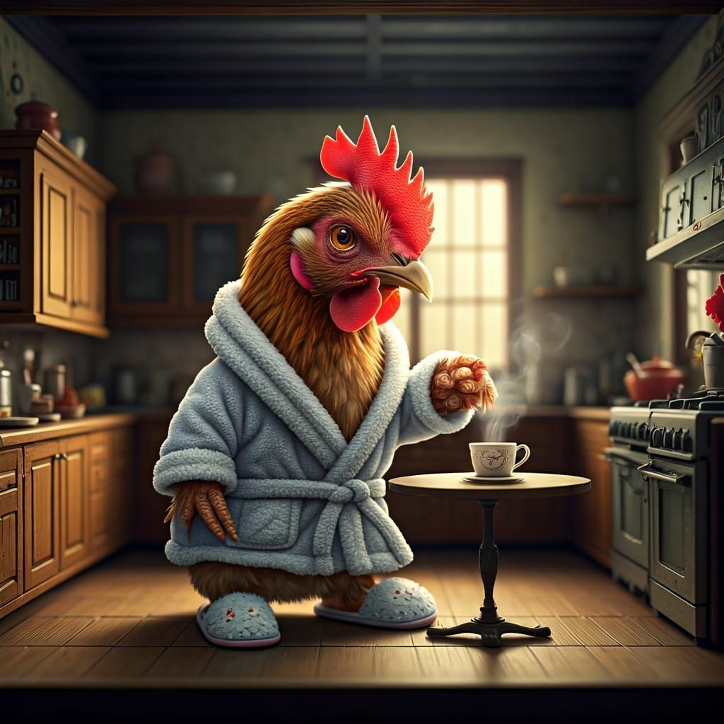 Grumpy Chicken Demands Coffee: Photorealistic Farmhouse Scen...