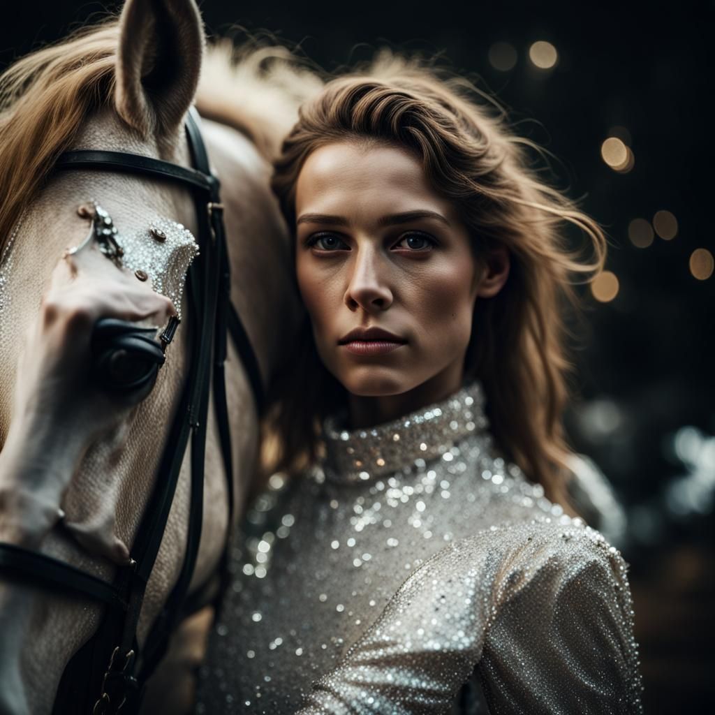 Woman in Sparkling Costume on Horse
