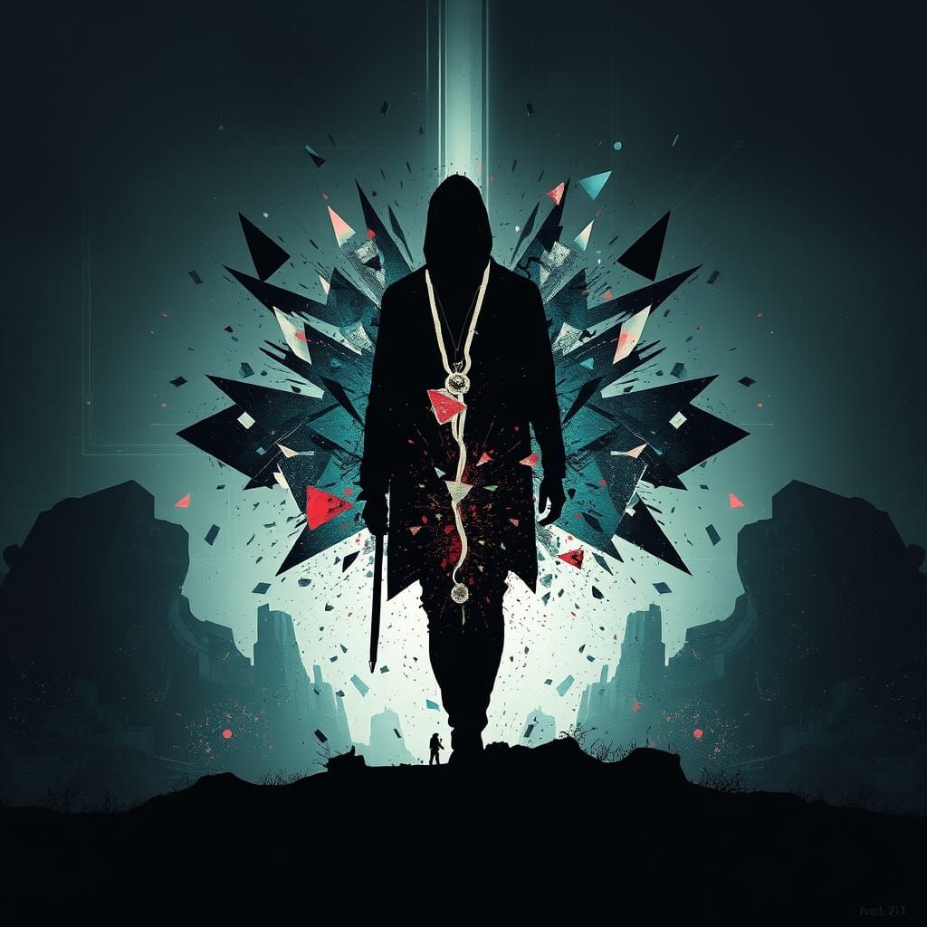 Fragmented Silhouette in Fractured Digital Realm