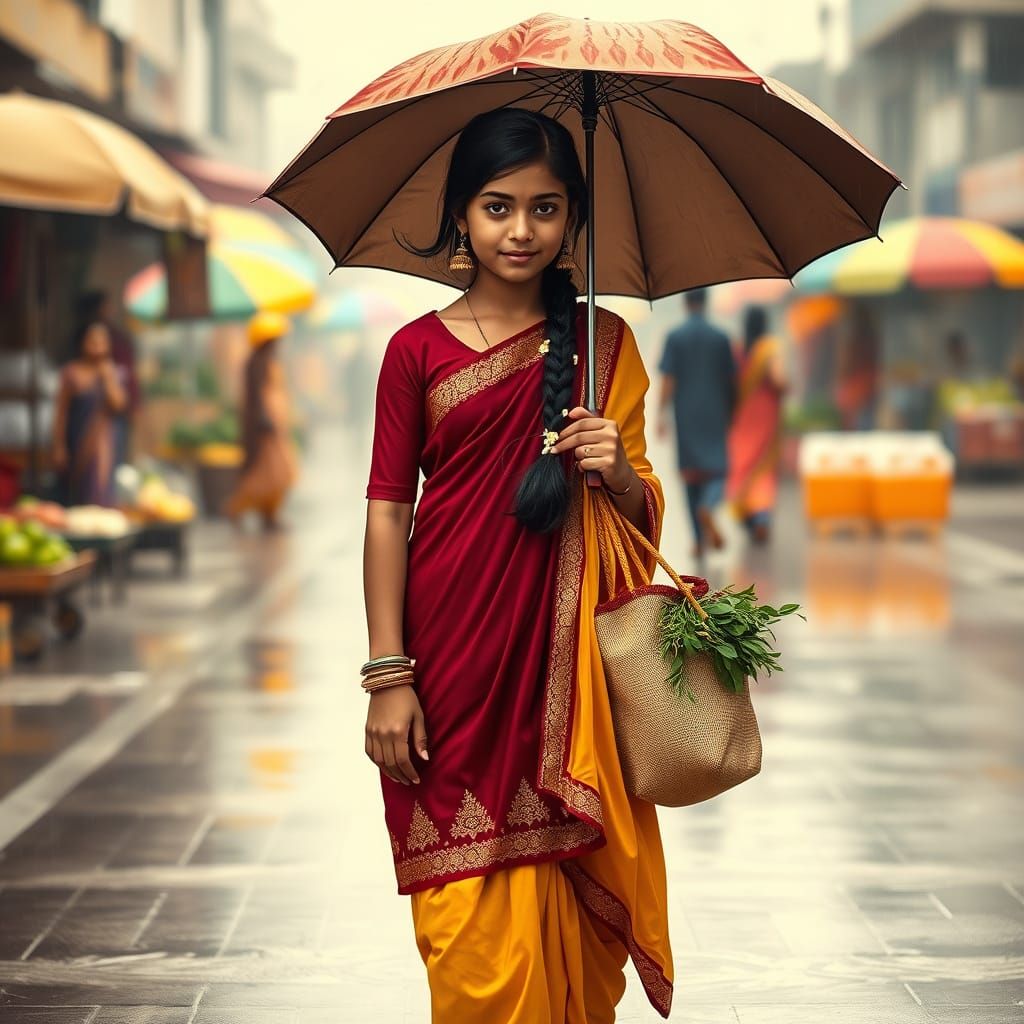 North Indian Girl in Rainy Market, Traditional Style