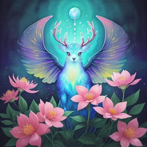 Demonic Creature in Bioluminescent Forest, Watercolor Art