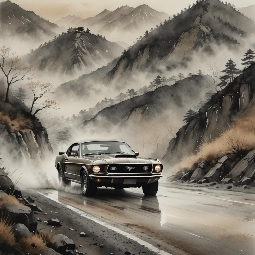 Ford Mustang on Misty Road: Japanese Ink Wash