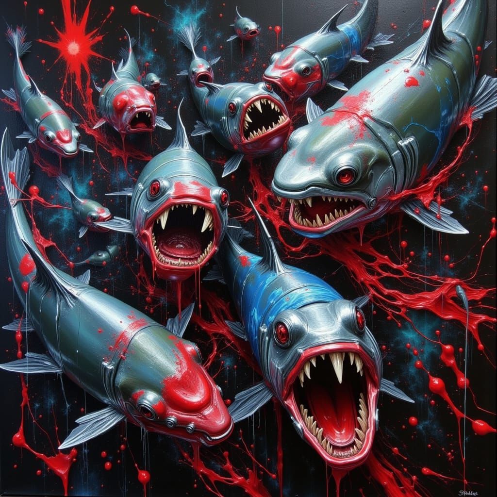 Piranhas attacking. Impasto on Black Canvas <lora:Black Canvas:0.5> <lora:-Omnious NextGen-:0.5>