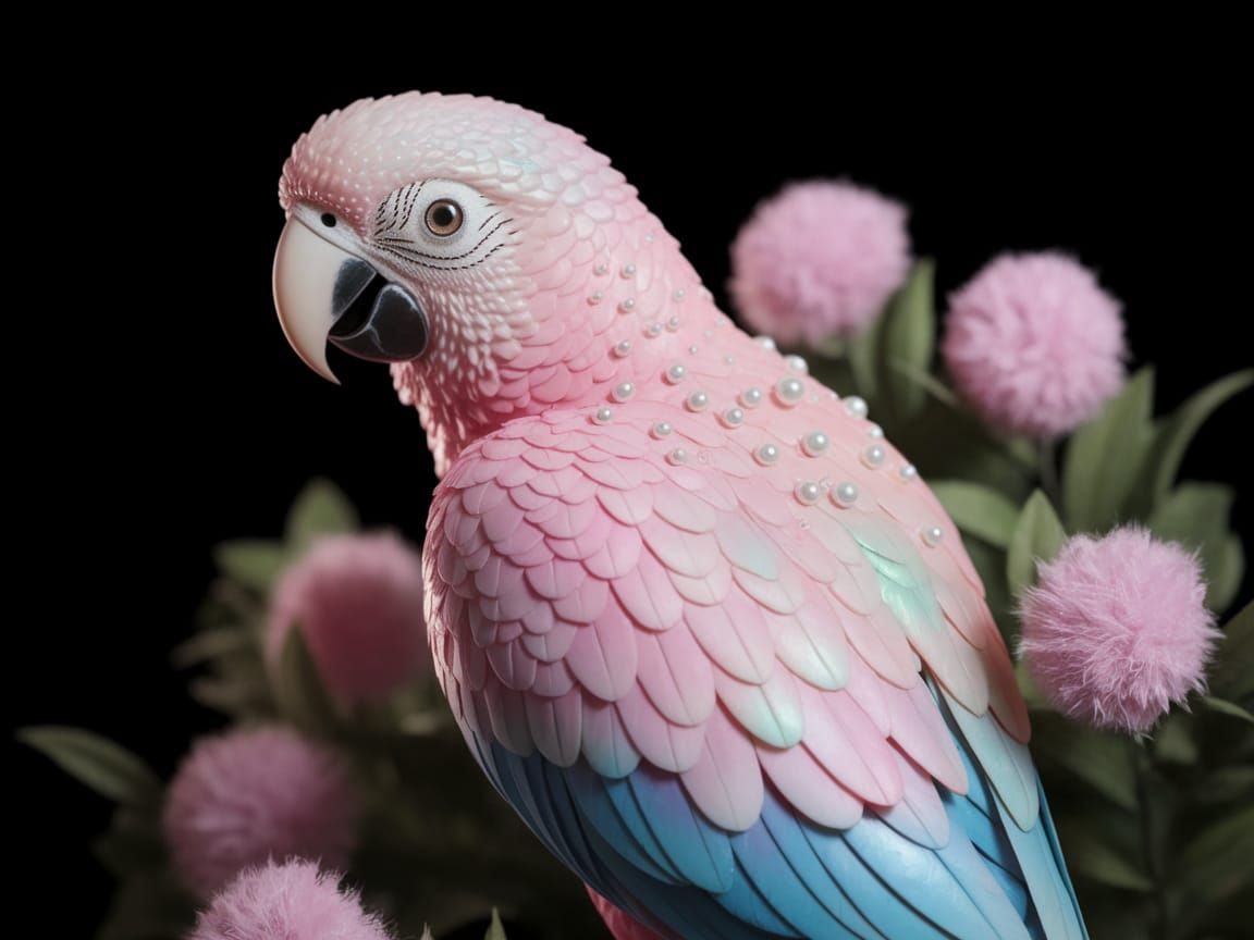 Fantasy Parrot with Iridescent Feathers and Pink Flowers