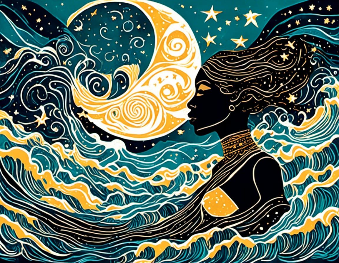 Black Girl Swimming in Starry Ocean, Abstract Fractal Art