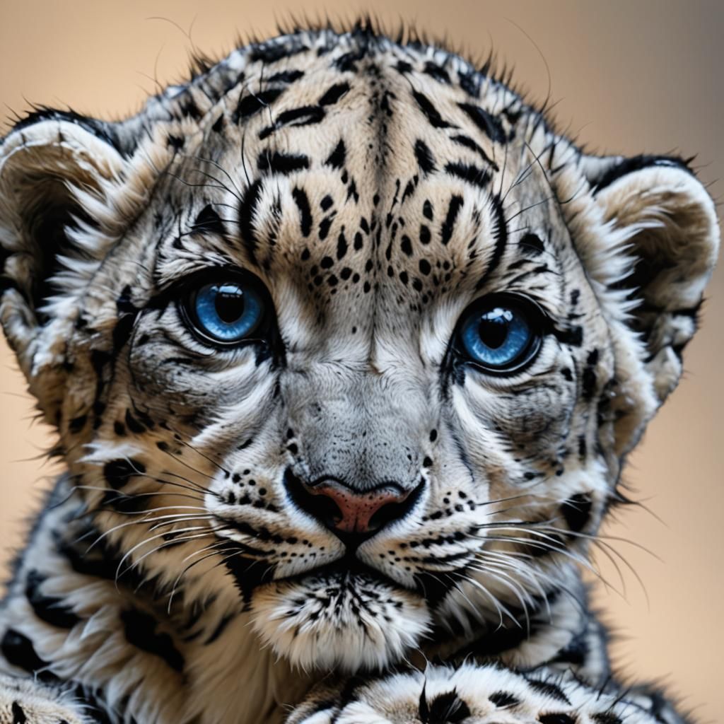 Photorealistic Snow Leopard Cub with Robotic Eyes