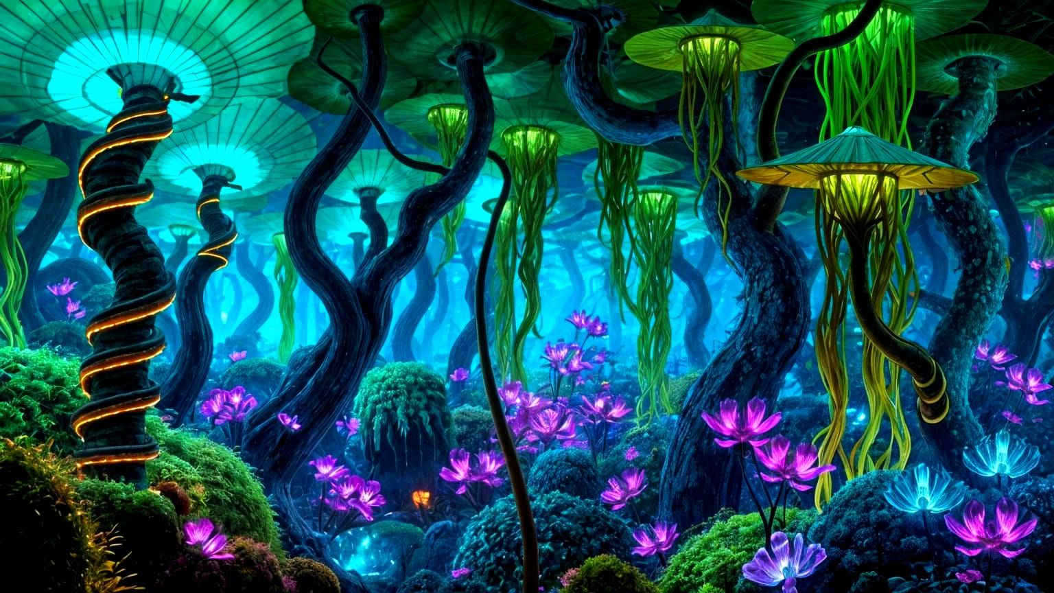 Exoplanet Forest Glows with Ethereal Bioluminescence