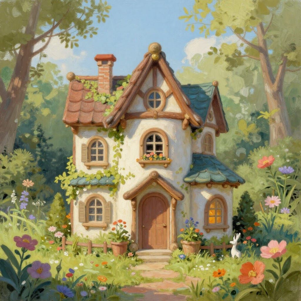 Mini Fairy Mansion Surrounded by Flowers Landscape Painting