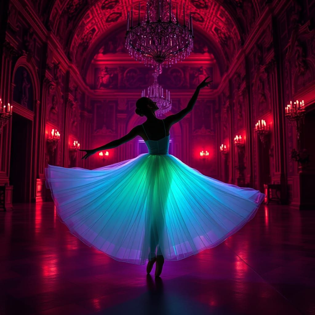 Ethereal Ballerina Dancing in Neon-lit Castle