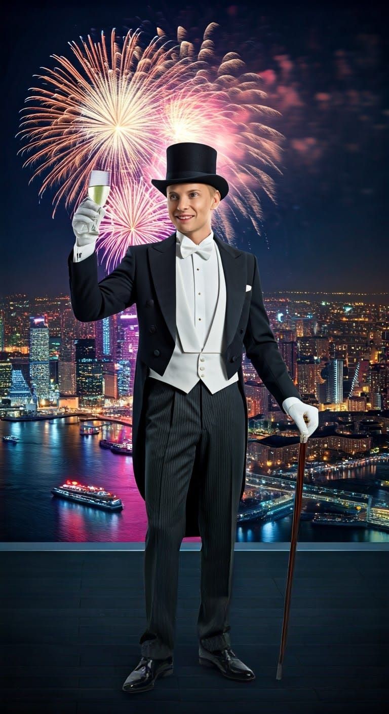 Gentleman Celebrates New Year's Eve in Elegant Tuxedo with C...