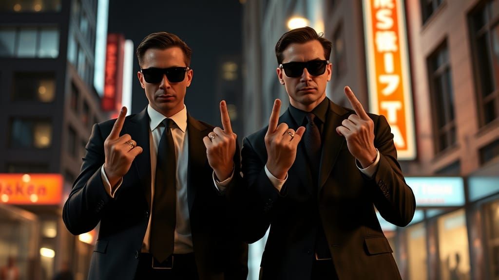 Men in Black Agents Defiant in Neon Cityscape