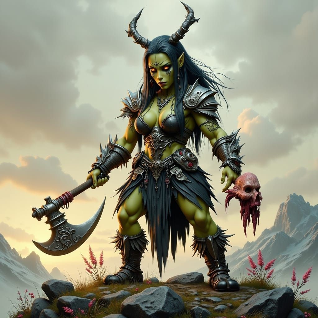 Female Troll Warlord with Axe and Severed Head