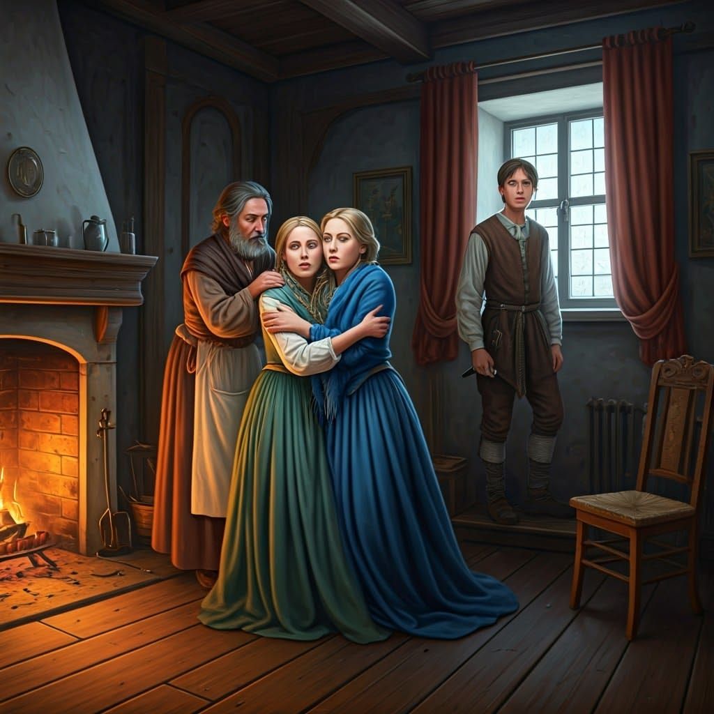 Mother and Daughter Hold Each Other in Medieval Fear