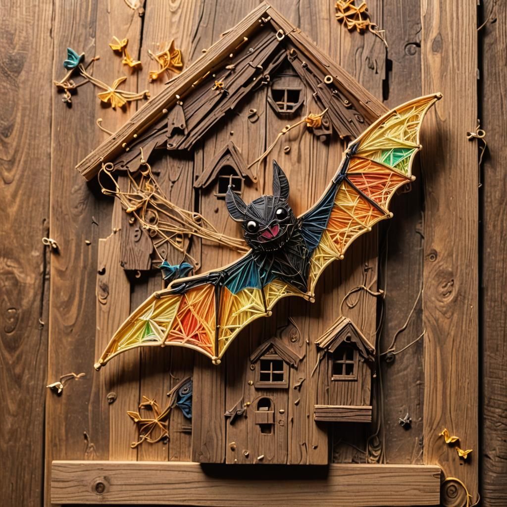 Colorful Chibi Bat in Naive String Art Style