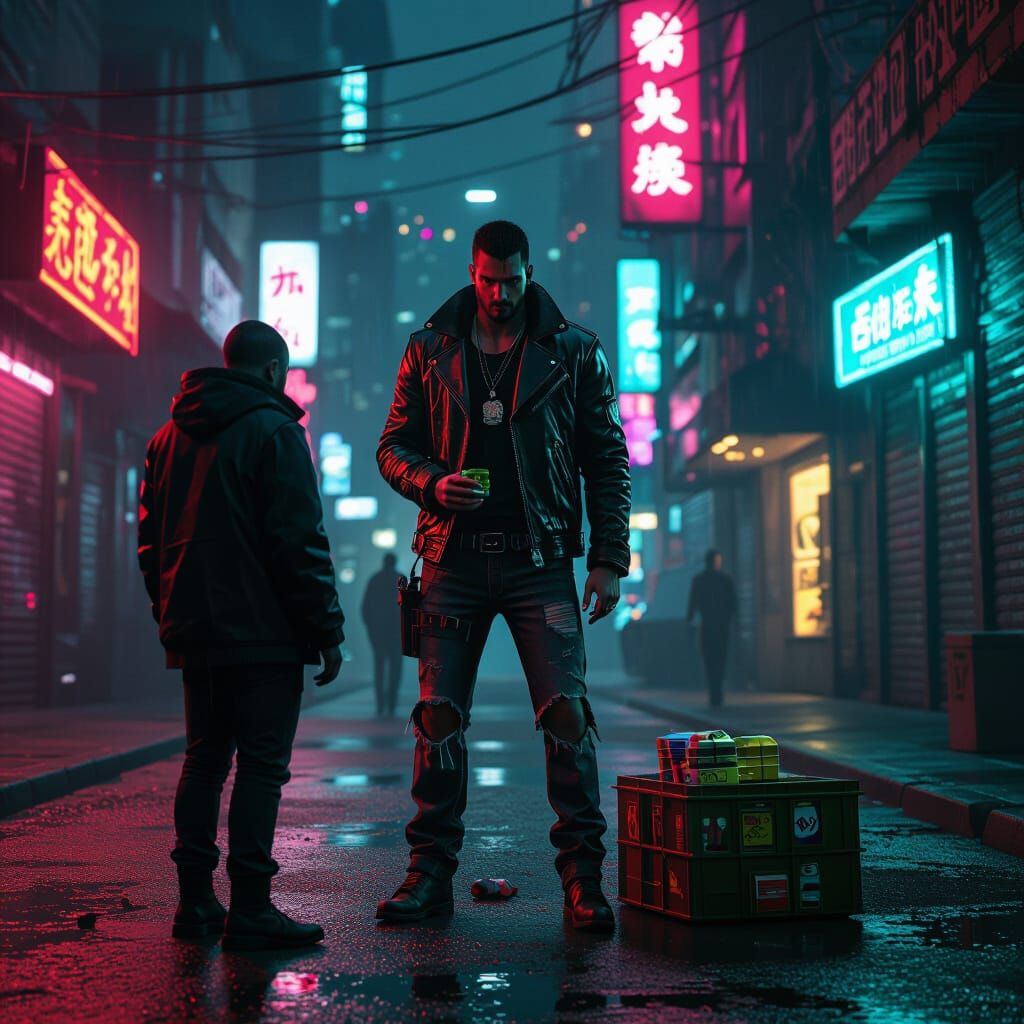 Cyberpunk Drug Deal in Gritty Cityscape