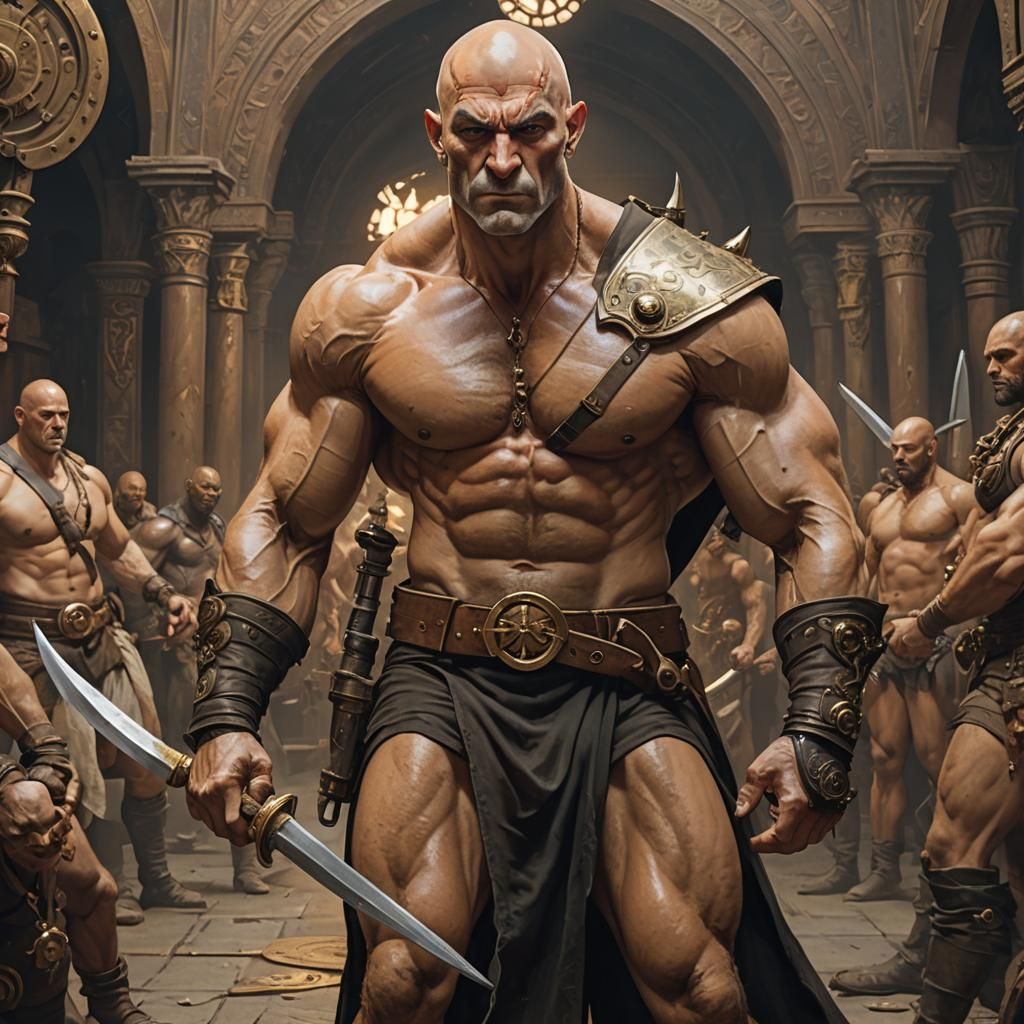 Bald Warrior in Harem, Frazetta Style