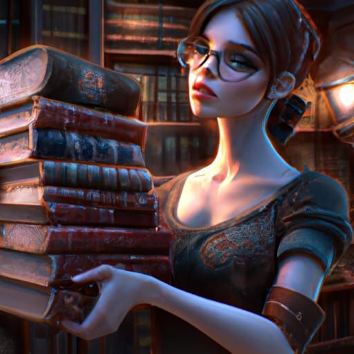 Beautiful Librarian with Old Books in Digital Art Style