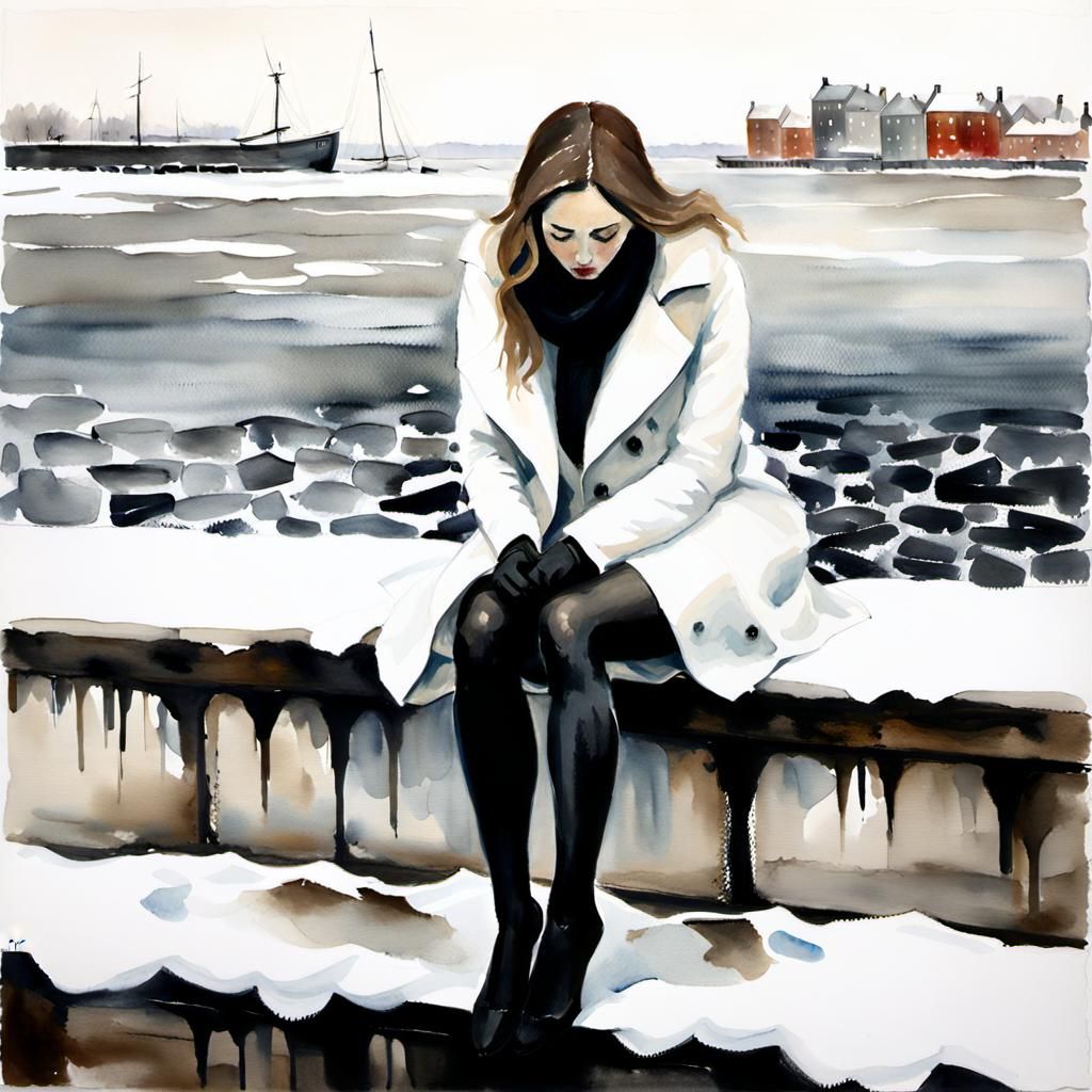 Girl in Snowstorm: Watercolor Style Image