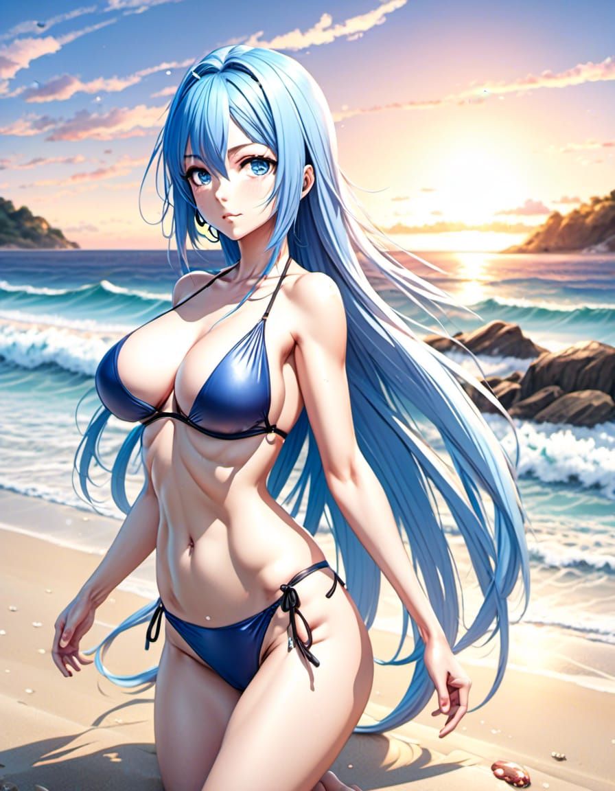 Anime Woman at Sunset Beach