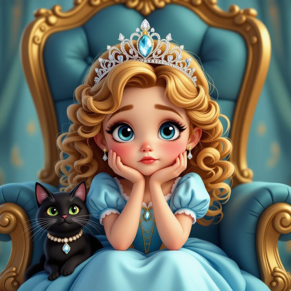 Bored Princess on Throne with Cat, Fantasy 3D Style