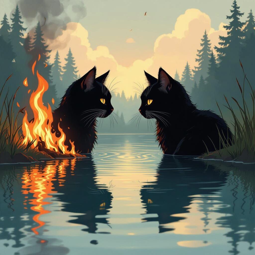 Flaming Cat Contemplates Reflection in Lake