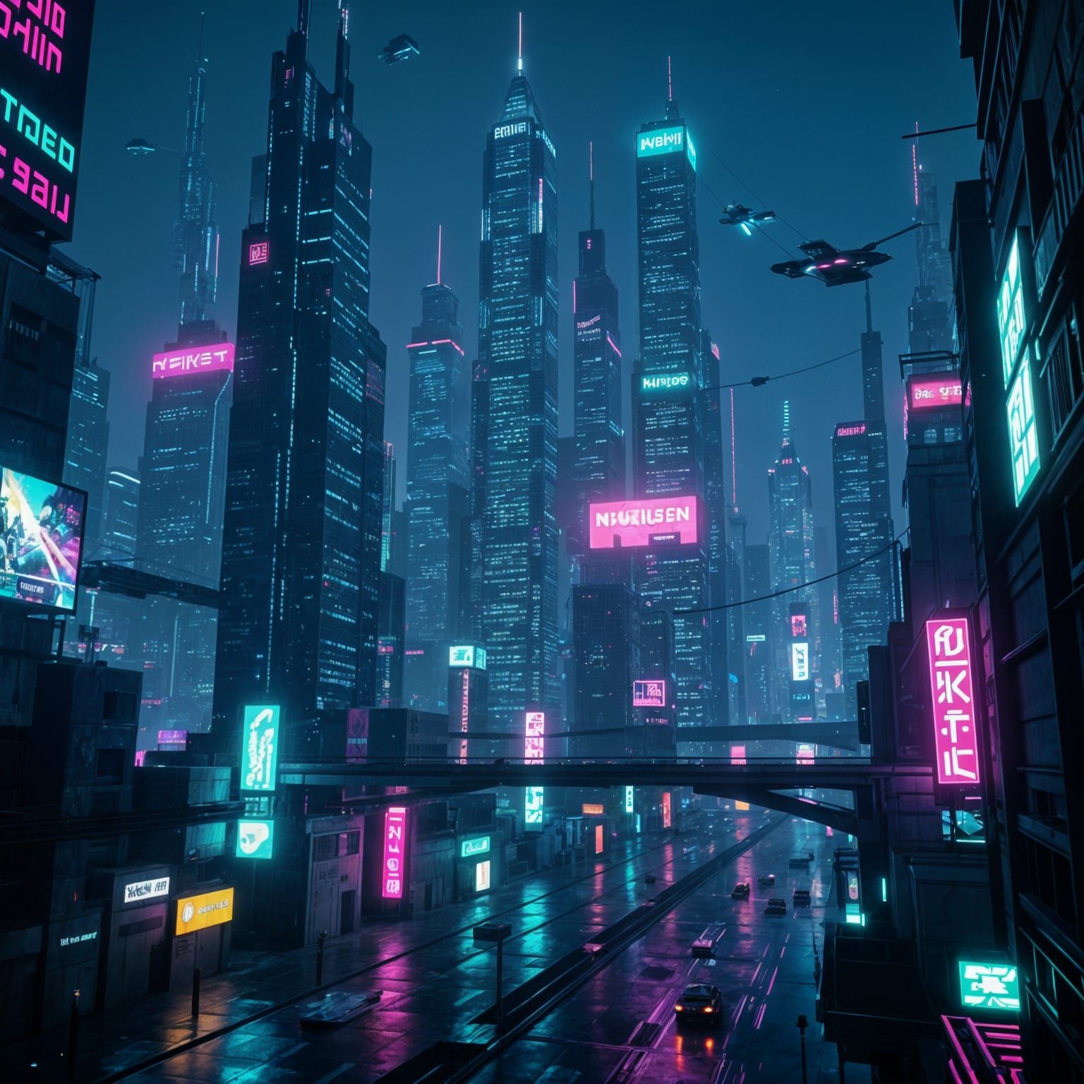 Futuristic Metropolis at Night With Neon Lights