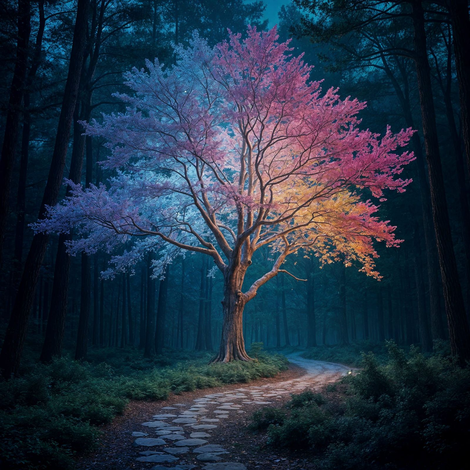 Luminous Tree Radiates Iridescent Glow in Dark Fantasy World