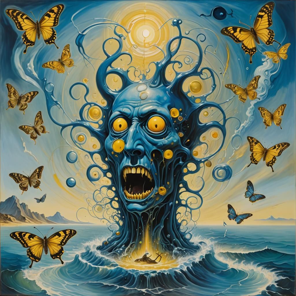 Surreal Blue Monster Radiating Light, Oil on Canvas