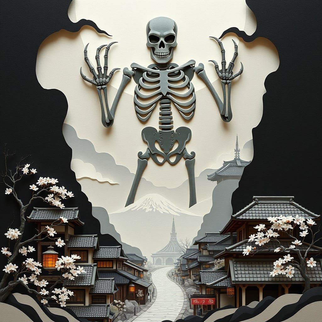 Majestic Yokai Skeleton Over Idyllic Village in Traditional ...