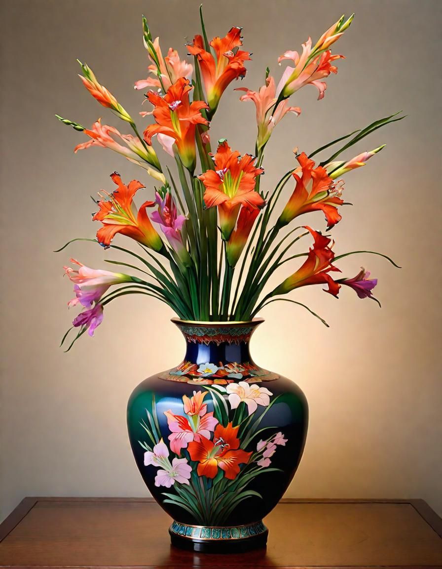 Alstroemeria and Gladiolus in Japanese Cloisonne Vase