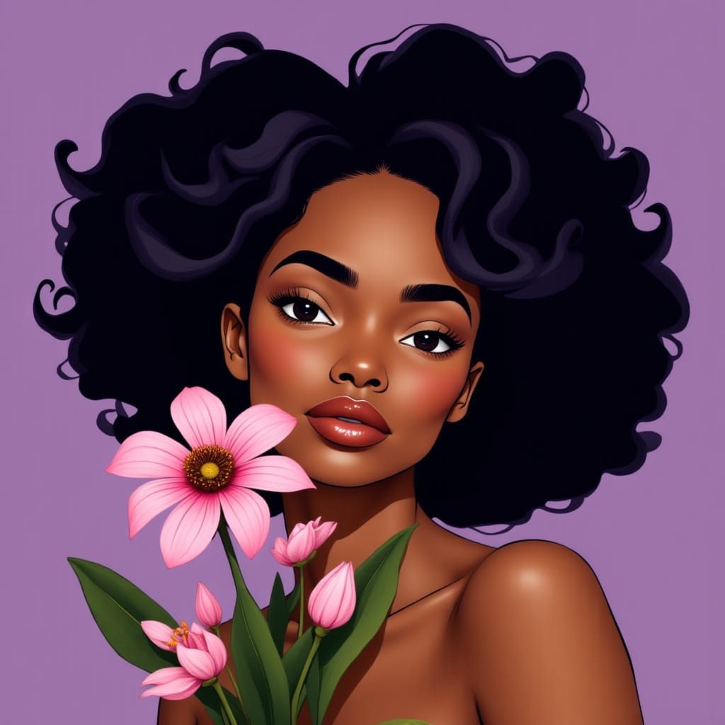 Surreal African Woman Surrounded by Vibrant Blooms in a Drea...