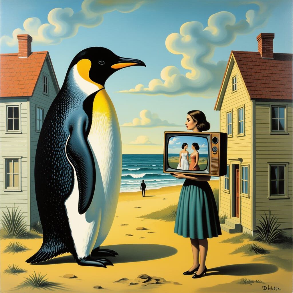 Surreal Penguin Emerges With Woman and TV