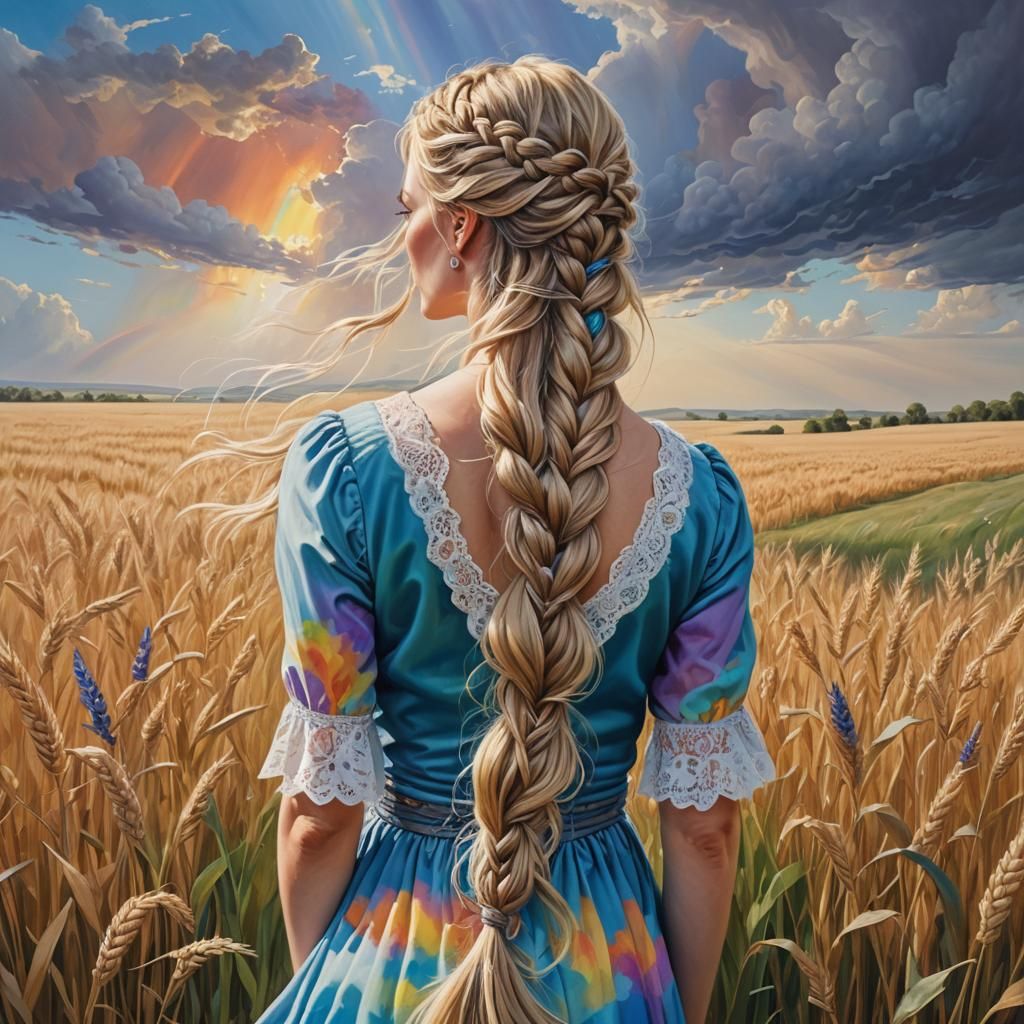 Woman with Braid in Wheat Field: Airbrushed Oil Painting