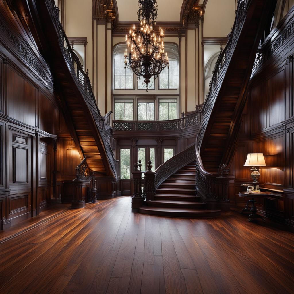 Grand Victorian Staircase in Dark Wood