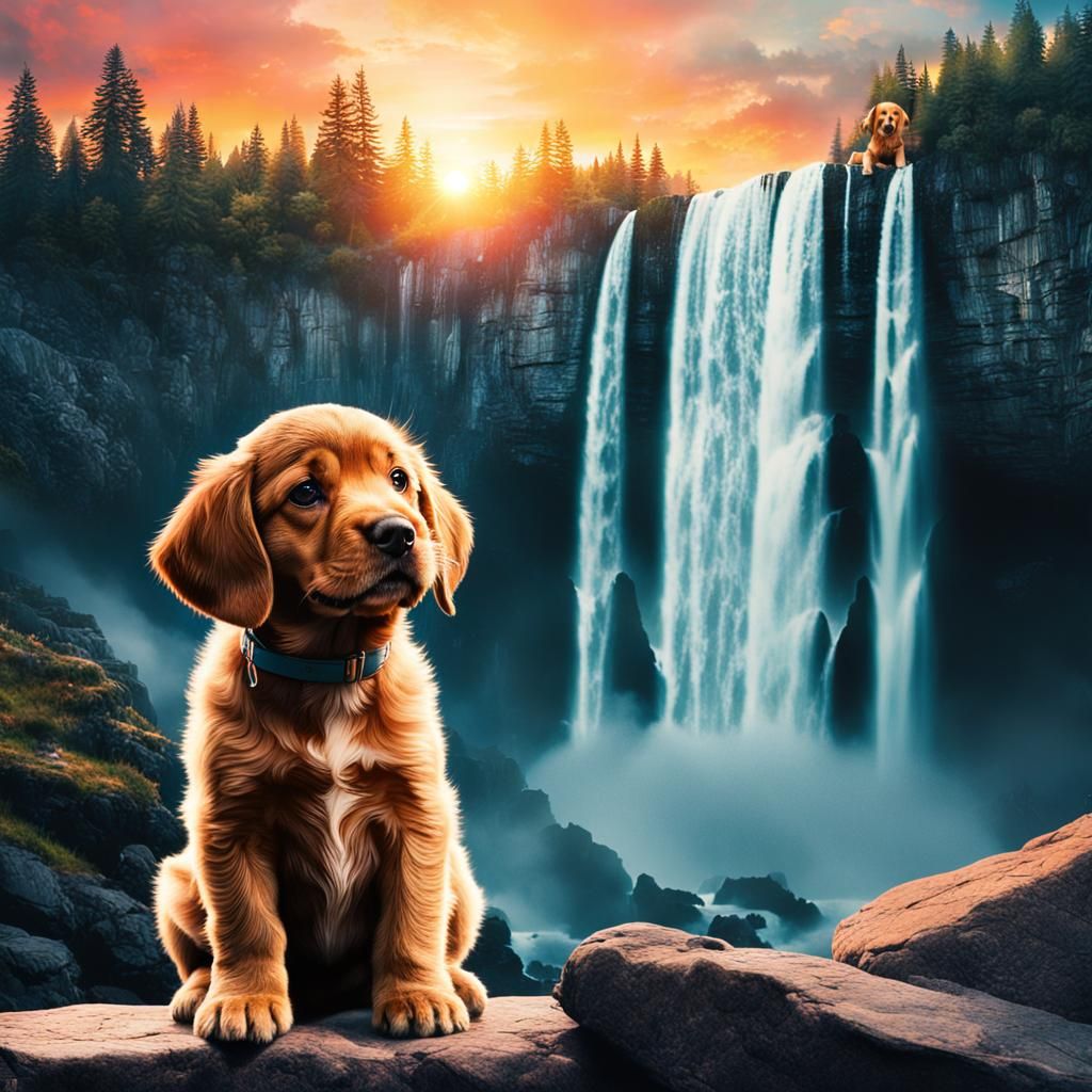Puppy Double Exposure with Sunset Waterfall