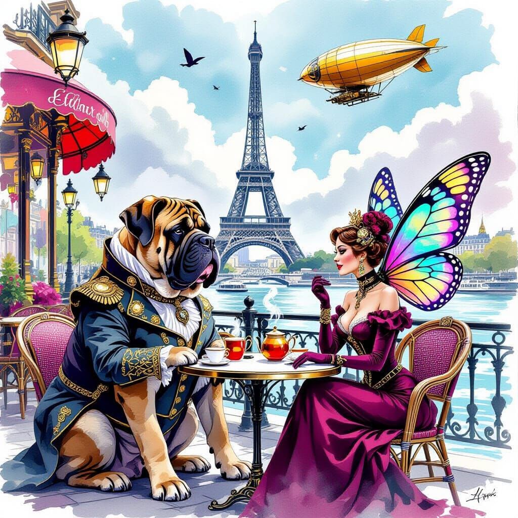 Steampunk Mastiff, Fairy, and Eiffel Tower Scene