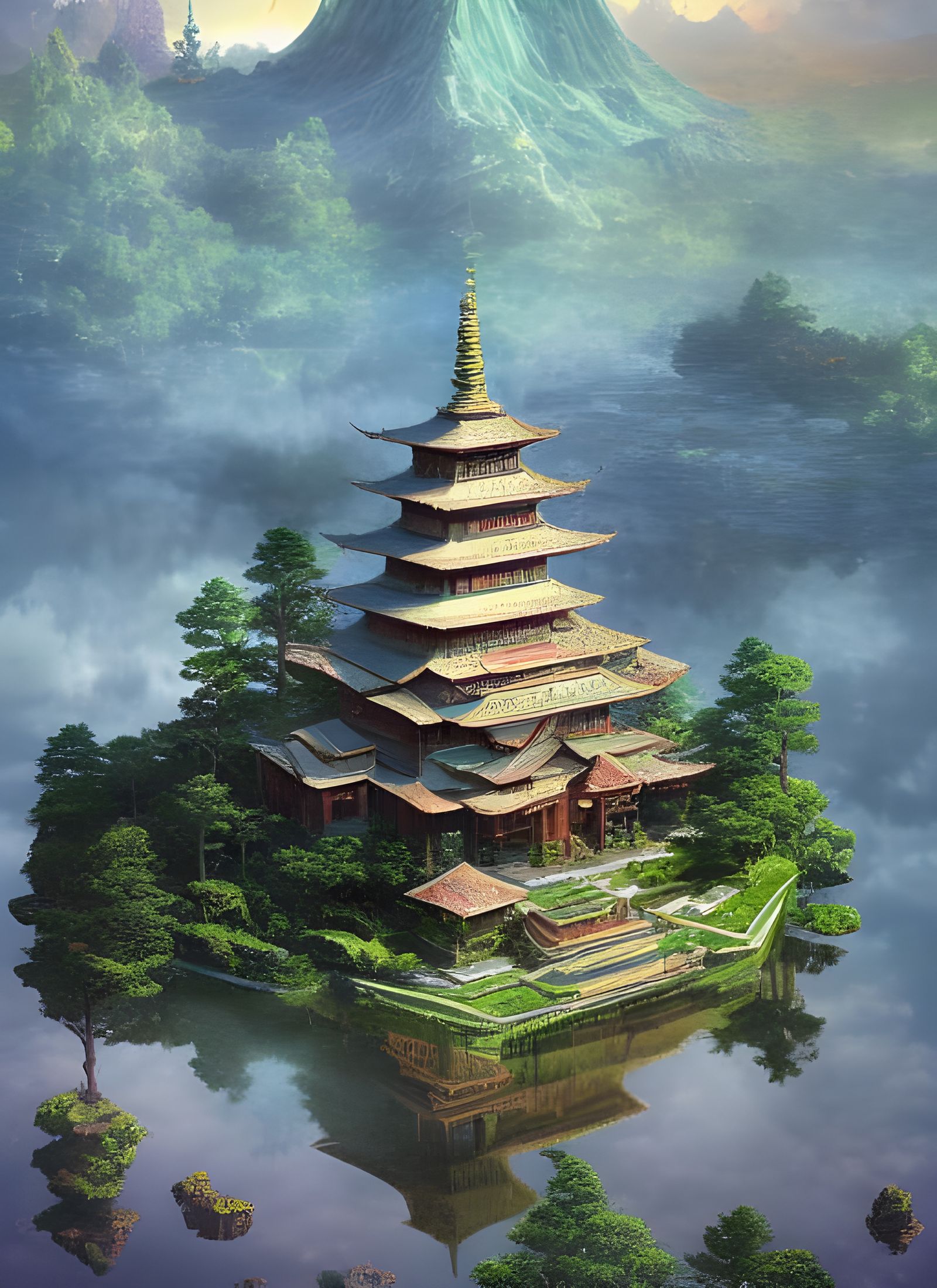 Mountain Temple Digital Art by Miyazaki