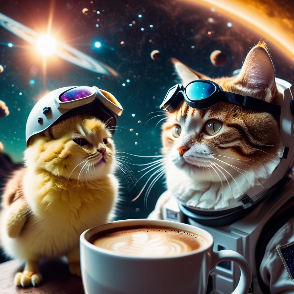 Cinematic Cat and Chick Coffee Break in Space