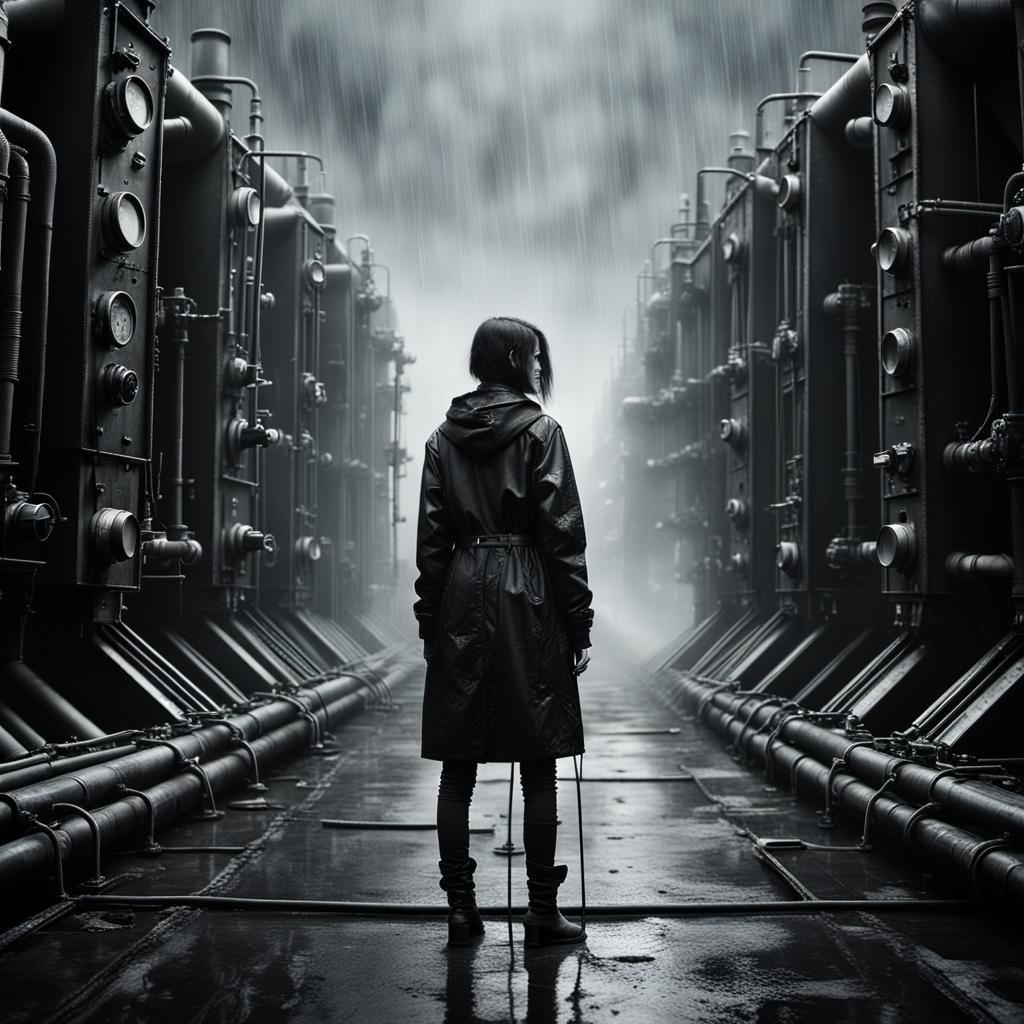 Goth Model in Rain with Oscilloscope: Black and White