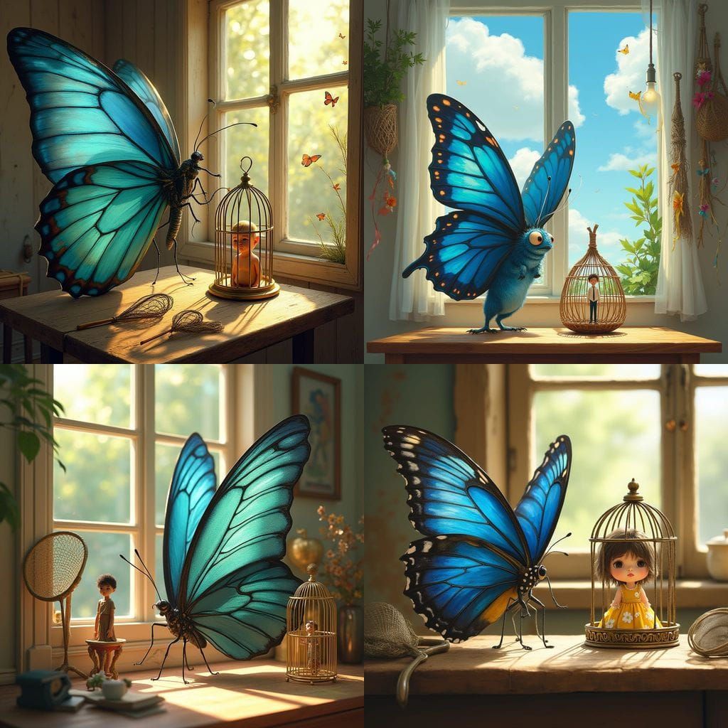 A Surreal Bug Catcher's Paradise with a Giant Blue Morpho Bu...