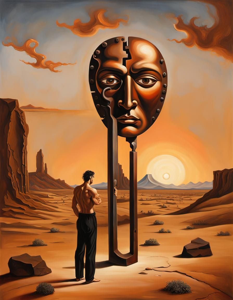 Surreal Keyhole Man Contemplates Key in Desert