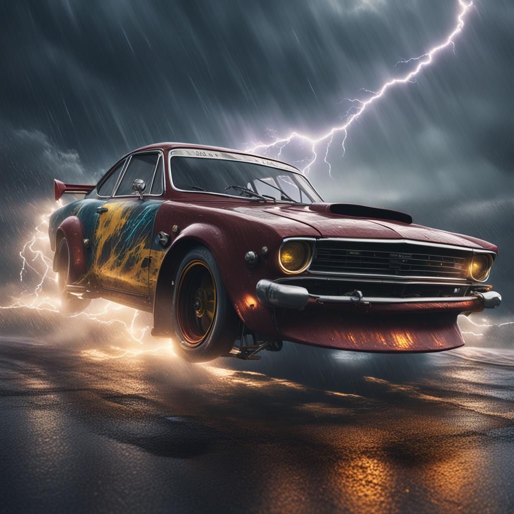 Race Car Drifting Through Lightning Storm